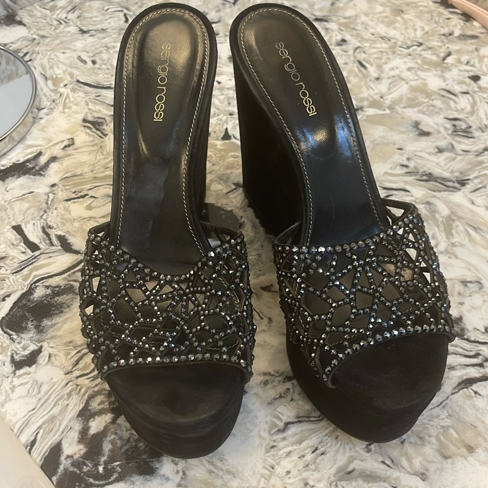 Sergio Rossi crystal embellished black suede wedges